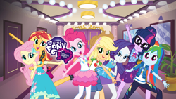 Size: 2048x1152 | Tagged: safe, applejack, fluttershy, pinkie pie, rainbow dash, rarity, sci-twi, sunset shimmer, twilight sparkle, human, equestria girls, g4, my little pony equestria girls: better together, official, equestria girls logo, female, humane five, humane seven, humane six, my little pony logo, youtube banner