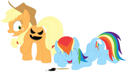 Size: 3568x2028 | Tagged: safe, artist:porygon2z, applejack, rainbow dash, earth pony, pegasus, pony, g4, applebutt, applejack-o-lantern, bodypaint, butt, duo, embarrassed, eyes closed, female, gritted teeth, halloween, high res, holiday, jack-o-lantern, laughing, looking back, mare, open mouth, open smile, paintbrush, plot, prank, pumpkin, simple background, smiling, teeth, transparent background, underhoof