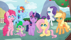 Size: 9921x5581 | Tagged: safe, artist:bubblegooey, applejack, derpy hooves, fluttershy, pinkie pie, rainbow dash, rarity, spike, twilight sparkle, alicorn, dragon, earth pony, pegasus, unicorn, g4, absurd resolution, apple, blushing, cloud, cowboy hat, female, flying, folded wings, food, group, hat, house, lidded eyes, looking at each other, looking at someone, looking at you, looking back, looking back at you, lying down, mane seven, mane six, mare, mountain, ponyville, sitting, smiling, smiling at each other, smiling at you, sparkly eyes, spread wings, standing, tree, twilight sparkle (alicorn), walking, wallpaper, wingding eyes, wings