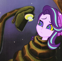 Size: 500x489 | Tagged: safe, artist:tyriuskishayinew16, edit, starlight glimmer, human, snake, equestria girls, g4, coils, duo, female, hat, hypno eyes, hypnosis, hypnotized, kaa, kaa eyes, looking at each other, looking at someone, male, night, starry night, wrapped up