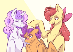 Size: 1954x1396 | Tagged: safe, artist:smirk, apple bloom, scootaloo, sweetie belle, pegasus, pony, unicorn, g4, bandaid, bandaid on nose, bow, cutie mark crusaders, hair bow, height difference, older, older apple bloom, older scootaloo, older sweetie belle, simple background, teasing, trio, unamused