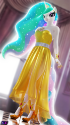 Size: 2160x3840 | Tagged: safe, artist:shadowboltsfm, princess celestia, anthro, plantigrade anthro, g4, 3d, blender, breasts, clothes, dress, eyeshadow, female, glowing, glowing mane, glowing tail, high heels, high res, jewelry, lipstick, looking at you, makeup, not sfm, queen celestia, regalia, sexy, shoes, solo, tail