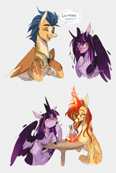 Size: 2820x4202 | Tagged: safe, artist:iheyyasyfox, flash sentry, sunset shimmer, twilight sparkle, alicorn, pegasus, pony, unicorn, g4, blushing, countershading, drink, drinking, drinking straw, eyes closed, female, food, glowing, glowing horn, heart, heart eyes, high res, hooves on the table, horn, ice cream, looking up, male, mare, open mouth, open smile, ship:flashlight, shipping, signature, simple background, sitting, smiling, speech bubble, stallion, starry wings, straight, trio, twilight sparkle (alicorn), white background, wingding eyes, wings