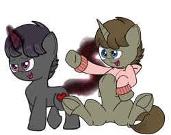 Size: 1310x1040 | Tagged: safe, artist:darkknighthoof, derpibooru exclusive, oc, oc only, oc:darkknighthoof, oc:darkknightshade, pony, unicorn, 2024 community collab, derpibooru community collaboration, augmented, augmented tail, clothes, duo, fangs, frog (hoof), glowing, glowing horn, hoodie, hoofbutt, horn, magic, male, open mouth, simple background, sitting, stallion, sweater, sweater meme, tail, transparent background, underhoof