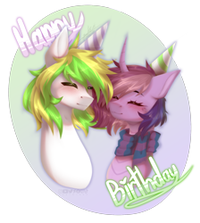 Size: 1684x1876 | Tagged: safe, artist:sparkie45, oc, oc only, oc:ray of hope, oc:sparkie, alicorn, changeling, dragon, hybrid, pegasus, pony, blushing, duo, eyes closed, gift art, happy birthday, simple background, smiling, text, transparent background