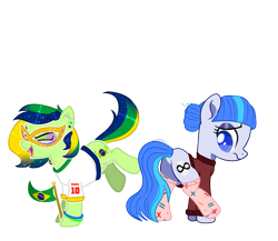 Size: 1585x1374 | Tagged: safe, artist:c1trine, artist:kellysweet1, artist:nekusia, derpibooru exclusive, oc, oc only, oc:maria potranca, oc:saph quills, earth pony, pony, 2024 community collab, derpibooru community collaboration, base used, brazil, butt, clothes, duo, duo female, ear piercing, earring, excited, eyes closed, eyeshadow, female, flag, happy, jewelry, makeup, mare, mask, multicolored hair, piercing, plot, raised leg, shirt, simple background, socks, sweater, t-shirt, transparent background, wristband
