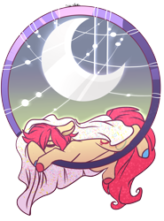 Size: 3246x4388 | Tagged: safe, artist:krissstudios, oc, oc only, oc:demi vaughn, earth pony, pony, blanket, colored hooves, crescent moon, dreamcatcher, female, hair over one eye, lying down, mare, moon, prone, simple background, sleeping, solo, transparent background