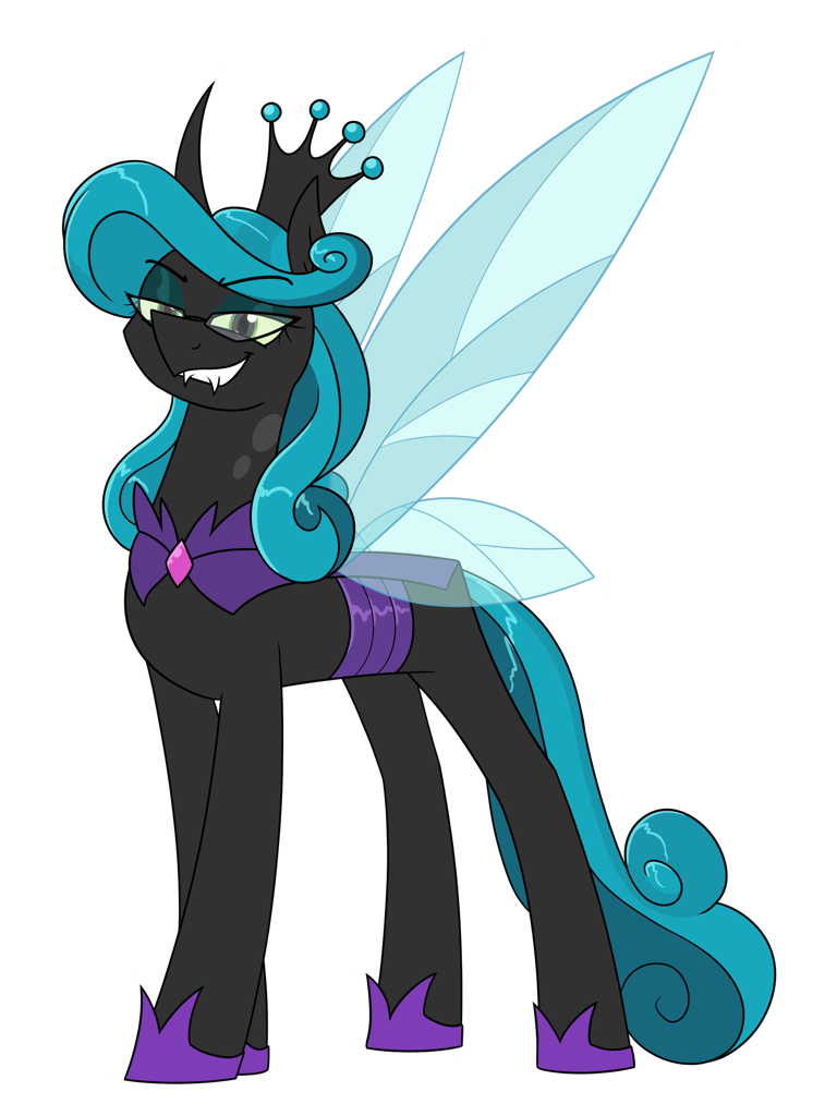 [changeling,changeling queen,commission,crown,eyeshadow,female,glasses,jewelry,looking at you,makeup,queen chrysalis,safe,simple background,solo,transparent background,regalia,mirror universe,reversalis,abstract background,hoof shoes,princess shoes,artist:moonatik]