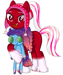 Size: 1212x1440 | Tagged: safe, artist:darktailsko, misty brightdawn, oc, oc only, oc:pepper, earth pony, pony, unicorn, g5, buttons, cute, female, hat, mare, markings, open mouth, plushie, raised hoof, rebirth misty, simple background, solo, transparent background, unshorn fetlocks