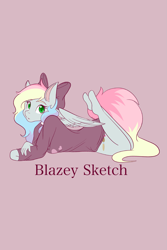 Size: 1365x2048 | Tagged: safe, artist:mscolorsplash, oc, oc only, oc:blazey sketch, pegasus, anthro, unguligrade anthro, bow, colored pupils, female, hair bow, looking at you, lying down, mare, multicolored hair, prone, purple background, rainbow hair, simple background, solo, the pose