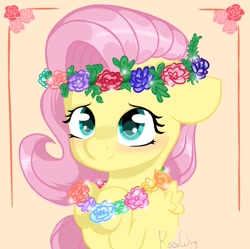 Size: 1483x1480 | Tagged: safe, artist:flutterbug18, fluttershy, pegasus, pony, g4, beige background, bust, cute, female, floppy ears, floral head wreath, flower, mare, shyabetes, simple background, small wings, smiling, solo, wings