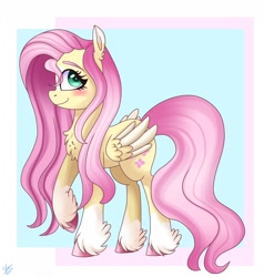 Size: 1948x2048 | Tagged: safe, artist:galaxy swirl, fluttershy, pegasus, pony, g4, abstract background, blaze (coat marking), blushing, chest fluff, coat markings, colored eartips, colored eyebrows, colored hooves, colored wings, cute, ear fluff, eye clipping through hair, facial markings, feathered fetlocks, female, fetlock tuft, folded wings, full body, looking at you, mare, raised hoof, shyabetes, side view, smiling, smiling at you, socks (coat markings), solo, two toned wings, unshorn fetlocks, wings