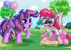 Size: 2331x1635 | Tagged: safe, artist:candyclumsy, part of a set, pinkie pie, twilight sparkle, alicorn, earth pony, pony, g4, balloon, book, bracelet, braces, clothes, commission, confetti, duo, duo female, female, glasses, jewelry, mare, nerd, open mouth, open smile, part of a series, personality swap, raised hoof, reading, role reversal, shirt, smiling, swap, tree, twilight sparkle (alicorn)