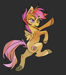 Size: 1942x2197 | Tagged: safe, artist:gamagama6, scootaloo, pegasus, pony, g4, bipedal, chest fluff, dynamic pose, ear fluff, eyebrows, eyebrows visible through hair, gray background, high res, raised arm, raised leg, simple background, solo, standing, standing on one leg, underhoof