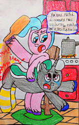 Size: 2060x3256 | Tagged: safe, artist:bitter sweetness, alphabittle blossomforth, queen haven, pegasus, pony, unicorn, g5, abdl, alphabuse, bondage, clothes, female, high res, kitchen, male, paddle, reddened butt, socks, spanish, spanish text, spank mark, spanking, speech bubble, striped socks, traditional art, translated in the description