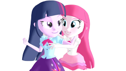 Size: 1280x720 | Tagged: safe, pinkie pie, twilight sparkle, alicorn, equestria girls, g4, my little pony equestria girls: better together, 3d, arms, blouse, bowtie, bust, clothes, cosplay, costume, duo, female, fingers, hime cut, hug, lidded eyes, long hair, looking at someone, looking back, mmd, puffy sleeves, simple background, skirt, smiling, teenager, teeth, transparent background, twilight sparkle (alicorn)