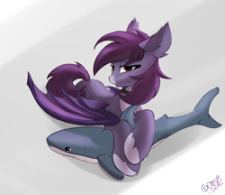 Size: 5545x4800 | Tagged: safe, alternate version, artist:gooseshit, oc, oc only, oc:pestyskillengton, bat pony, pony, chest fluff, ear fluff, plushie, red eyes, shark plushie, simple background, solo, spread wings, wings