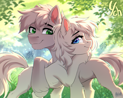 Size: 3000x2400 | Tagged: safe, artist:hakaina, oc, unnamed oc, earth pony, pony, backlighting, blue eyes, butt fluff, chest fluff, chin fluff, colored, concave belly, duo, ear fluff, female, forest background, green eyes, height difference, high res, hug, leg fluff, lighting, looking at each other, looking at someone, male, mare, shading, side view, signature, slender, smiling, stallion, standing, thin, unshorn fetlocks, ych sketch, your character here