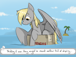Size: 1360x1028 | Tagged: safe, artist:sinrar, derpy hooves, pegasus, pony, g4, box, derpy being derpy, island, mailmare, misunderstanding, ocean, pun, silly, silly pony, solo, this will end well, water