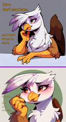 Size: 2000x3677 | Tagged: safe, ai assisted, ai content, artist:rupert, generator:pony diffusion v6 xl, generator:stable diffusion, prompter:rupert, gilda, griffon, series:ask white belly gilda, g4, ask, blushing, cute, dialogue, female, gildadorable, hand on chin, high res, pale belly, solo, tumblr, white belly