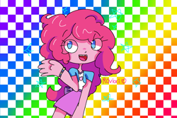 Size: 1500x1000 | Tagged: safe, artist:raviolisansgfandwife, pinkie pie, human, equestria girls, g4, checkered background, gradient background, solo