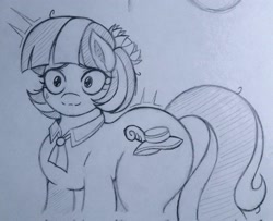 Size: 2048x1666 | Tagged: safe, artist:artmorheart, coco pommel, earth pony, pony, g4, large butt, nervous, shy, smiling, thick, traditional art