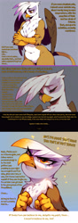 Size: 2000x5656 | Tagged: safe, ai assisted, ai content, artist:rupert, generator:pony diffusion v6 xl, generator:stable diffusion, prompter:rupert, gilda, griffon, series:ask white belly gilda, g4, ask, bipedal, crying, determined look, dialogue, emotional, female, former bully, high res, implied fluttershy, implied pinkie pie, implied rainbow dash, pale belly, plump, sad, solo, teary eyes, tumblr, white belly