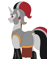 Size: 1000x1250 | Tagged: safe, artist:saint boniface, oc, oc only, oc:red rocket, pony, unicorn, armor, clothes, eyes open, female, latex, latex stockings, mare, red eyes, simple background, solo, stockings, thigh highs, white background
