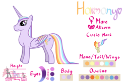 Size: 1920x1280 | Tagged: safe, artist:[mlp] harmony, oc, oc only, oc:harmony, alicorn, pony, colored wings, female, mare, multicolored hair, multicolored mane, multicolored tail, multicolored wings, ponysona, reference sheet, show accurate, side view, simple background, smiling, solo, standing, tail, white background, wings