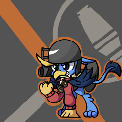 Size: 1400x1400 | Tagged: safe, artist:derp pone, gallus, griffon, g4, clothes, costume, helmet, rocket launcher, soldier, soldier (tf2), solo, team fortress 2, weapon