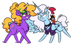 Size: 2936x1846 | Tagged: safe, artist:iceflower99, oc, oc only, oc:buggy brush, oc:darky spell, daemonequus, demon, demon pony, original species, pony, unicorn, 2024 community collab, derpibooru community collaboration, chest fluff, choker, clothes, crossover, damara megido, duo, duo female, female, glasses, homestuck, horn, hug, long horn, pentagram, plushie, ribbon, simple background, sweater, transparent background, unicorn oc, winghug, wings