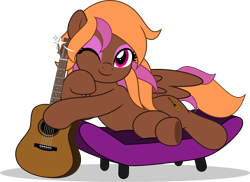 Size: 6879x5000 | Tagged: safe, artist:jhayarr23, oc, oc only, oc:lovesong, pegasus, commission, commissioner:solar aura, couch, cute, guitar, musical instrument, one eye closed, one eye open, pegasus oc, simple background, solo, transparent background, wink, ych result