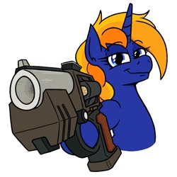 Size: 940x940 | Tagged: safe, artist:jargon scott, oc, oc only, oc:comet dust, pony, unicorn, commission, deep rock galactic, eyebrows, eyebrows visible through hair, female, gun, handgun, hoof hold, lidded eyes, looking at you, mare, revolver, simple background, smiling, smiling at you, solo, white background