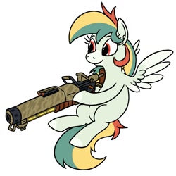 Size: 1080x1080 | Tagged: safe, artist:jargon scott, oc, oc only, oc:minty pastel, pegasus, pony, commission, deep rock galactic, female, flying, gun, hoof hold, mare, rifle, simple background, smiling, solo, weapon, white background