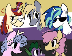 Size: 1719x1328 | Tagged: safe, artist:captainzigo, cozy glow, derpy hooves, dj pon-3, li'l cheese, moondancer, spike, vinyl scratch, dragon, earth pony, pegasus, pony, unicorn, g4, the last problem, bust, freckles, glasses, group, nonbinary pride flag, pride, pride flag, sunglasses