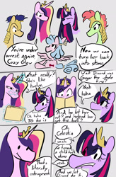 Size: 1344x2048 | Tagged: safe, artist:captainzigo, cozy glow, flash sentry, princess cadance, twilight sparkle, alicorn, pegasus, pony, g4, book, comic, crown, implied petrification, jewelry, regalia, text, twilight sparkle (alicorn)