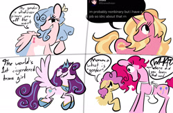 Size: 2048x1344 | Tagged: safe, artist:captainzigo, cozy glow, li'l cheese, luster dawn, pinkie pie, princess flurry heart, alicorn, earth pony, pegasus, pony, unicorn, g4, the last problem, agender, apron, clothes, ear piercing, eyes closed, female, flying, gender headcanon, genderfluid, hoof shoes, jewelry, looking at you, mare, nonbinary, piercing, regalia, simple background, smiling, smirk, text, transgender, white background