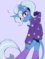 Size: 1620x2099 | Tagged: safe, artist:rtootb, derpibooru exclusive, trixie, unicorn, anthro, g4, :o, alternate hairstyle, babysitter trixie, blue mane, blushing, clothes, cute, cute face, diatrixes, ear piercing, earring, embarrassed, female, gameloft interpretation, hoodie, jewelry, leonine tail, looking at you, open mouth, piercing, pigtails, ponytail, simple background, solo, stockings, tail, thigh highs, twintails
