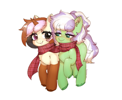 Size: 1948x1607 | Tagged: safe, artist:ponchik_art, oc, oc only, oc:kosmicia, oc:neopony, pegasus, pony, unicorn, 2024 community collab, derpibooru community collaboration, blushing, chest fluff, clothes, coat markings, colored horn, duo, ear fluff, eyeshadow, full body, horn, looking at each other, looking at someone, makeup, multicolored eyes, multicolored hair, scarf, shared clothing, shared scarf, simple background, smiling, smiling at each other, sparkles, teeth, transparent background, unshorn fetlocks