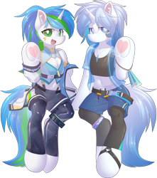 Size: 1770x2000 | Tagged: safe, artist:movieskywalker, derpibooru exclusive, oc, oc only, oc:cyanine willow, oc:venir winter, pony, unicorn, semi-anthro, 2024 community collab, derpibooru community collaboration, belt, blue eyes, blue mane, chest fluff, clothes, duo, ear fluff, face paint, female, green eyes, hoof heart, horn, latex, latex socks, light skin, looking at you, multicolored hair, open mouth, shorts, simple background, smiling, socks, suit, transparent background, underhoof, unicorn oc