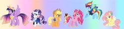 Size: 4096x971 | Tagged: safe, artist:arxielle, applejack, fluttershy, pinkie pie, rainbow dash, rarity, twilight sparkle, alicorn, earth pony, pegasus, pony, unicorn, g4, alternate design, alternate hairstyle, bag, bags under eyes, cloak, clothes, colored wings, crown, ear piercing, earring, female, gradient background, horseshoes, jewelry, mane six, mare, multicolored wings, older, older applejack, older fluttershy, older mane six, older pinkie pie, older rainbow dash, older rarity, older twilight, peytral, piercing, plushie, rainbow background, rainbow wings, redesign, regalia, saddle bag, spread wings, sunglasses, sunglasses on head, teddy bear, twilight sparkle (alicorn), ultimate twilight, wings