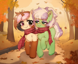 Size: 1948x1607 | Tagged: safe, artist:ponchik_art, oc, oc only, oc:kosmicia, oc:neopony, earth pony, pony, unicorn, autumn, blushing, chest fluff, clothes, coat markings, colored horn, detailed background, duo, ear fluff, eyeshadow, full body, horn, leaves, looking at each other, looking at someone, loving gaze, makeup, multicolored eyes, multicolored hair, multicolored mane, outdoors, scarf, shared clothing, shared scarf, smiling, smiling at each other, sparkles, teeth, tree, unshorn fetlocks