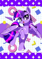 Size: 1448x2048 | Tagged: safe, artist:stacy_165cut, twilight sparkle, alicorn, pony, g4, abstract background, female, mare, memphis-milano, open mouth, open smile, smiling, solo, spread wings, standing on two hooves, twilight sparkle (alicorn), wings