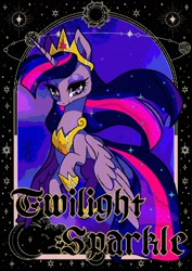 Size: 1233x1742 | Tagged: safe, artist:stacy_165cut, twilight sparkle, alicorn, pony, g4, abstract background, colored pinnae, crown, dithering, female, flying, hoof shoes, jewelry, lidded eyes, mare, peytral, regalia, smiling, solo, text, twilight sparkle (alicorn)
