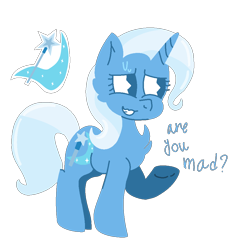 Size: 952x992 | Tagged: safe, artist:crystalizedjellyfish, trixie, pony, unicorn, g4, chest fluff, cutie mark, female, mare, question mark, raised hoof, simple background, solo, sweat, teeth, transparent background