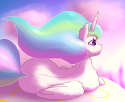 Size: 2318x1894 | Tagged: safe, artist:gosha305, princess celestia, alicorn, pony, g4, back, balcony, cheek fluff, chest fluff, cloud, ear fluff, female, flowing mane, fluffy, folded wings, full body, horn, looking away, lying down, mare, morning, on side, profile, prone, smiling, solo, wings
