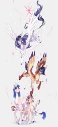Size: 3230x7000 | Tagged: safe, artist:iheyyasyfox, oc, oc only, oc:lightning flash, oc:nashira sparkle, oc:stella alba nyx, oc:sweet starlight "skyla", alicorn, classical unicorn, pegasus, pony, unicorn, absurd resolution, cloven hooves, concave belly, countershading, female, filly, flying, foal, gray background, horn, large wings, leonine tail, mare, offspring, parent:flash sentry, parent:twilight sparkle, parents:flashlight, siblings, simple background, sisters, slender, thin, unshorn fetlocks, wings
