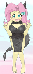 Size: 1282x2834 | Tagged: safe, alternate version, artist:batipin, fluttershy, human, equestria girls, g4, breasts, busty fluttershy, dragon costume, feet, open mouth, stupid sexy fluttershy