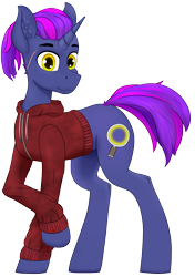 Size: 2536x3609 | Tagged: safe, artist:gantarts, derpibooru exclusive, oc, oc only, oc:vesper glass, pony, unicorn, 2024 community collab, derpibooru community collaboration, clothes, hoodie, horn, looking at you, male, ponytail, scar, simple background, solo, stallion, standing, transparent background, yellow eyes