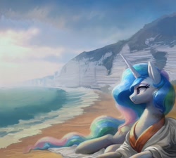 Size: 1483x1332 | Tagged: safe, artist:yidwags, princess celestia, alicorn, pony, g4, beach, clothes, female, looking offscreen, lying down, mare, ocean, prone, robe, smiling, solo, water